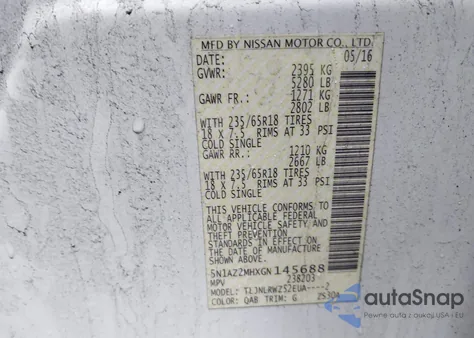 2016 Nissan Murano Sl из США, поврежденный, VIN 5N1AZ2MHXGN145688